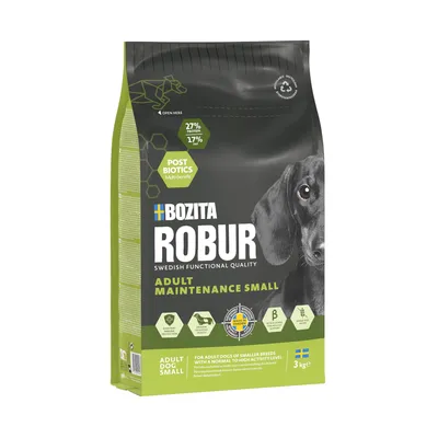 Bozita Robur Adult Maintenance Small, qualità funzionale svedese, 27% proteine, 17% grassi, Postbiotics Multi-Benefit, per cani adulti piccoli con attività normale o elevata, 3kg.