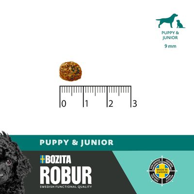Croquette Bozita Robur Puppy & Junior, diamètre 9 mm, illustrée avec règle en centimètres. Texte visible : Made in Sweden, Swedish Functional Quality.