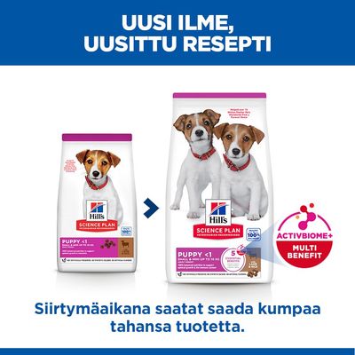 Hill's Science Plan Puppy <1 Small & Mini lampaanlihaa ja riisiä, uusi pakkausdesign ja resepti, maininta ACTIVBIOME+ Multi Benefit -ominaisuudesta.