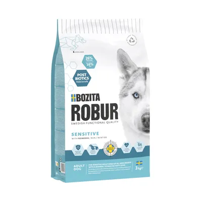 Bozita Robur Sensitive med ren, 3 kg. För vuxna hundar av alla storlekar och raser med normal till hög aktivitetsnivå. Protein 26 %, fett 16 %. Postbiotics Multi-Benefit.