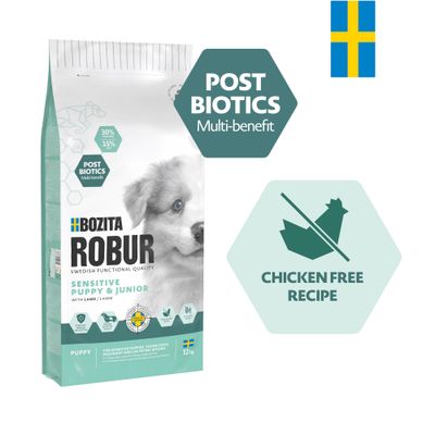 Bozita Robur Sensitive Puppy & Junior met lam, 12 kg. Post Biotics Multi-benefit. Chicken Free Recept. Zweedse vlag zichtbaar.