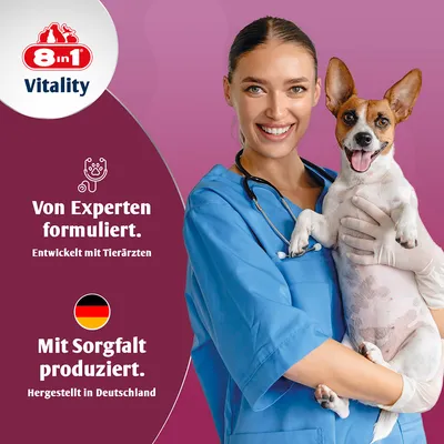 8in1 Vitality. Von Experten formuliert, entwickelt mit Tierärzten. Mit Sorgfalt produziert, hergestellt in Deutschland.