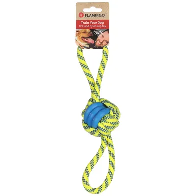 FLAMINGO Train Your Dog TPE a nylon hračka pro psy, žluté lano s modrým uzlovým míčkem. FLAMINGO Train Your Dog TPE a nylon hračka pro psy, žluté lano s modrým uzlovým míčkem.