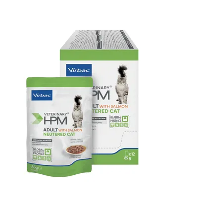 Virbac Veterinary HPM Adult with Salmon Neutered Cat, sachet de 85 g et boîte de 12 x 85 g visibles, profil préventif global, haute appétence, alimentation pour chat stérilisé affichée.