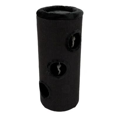 Tall cylindrical scratching post with three circular openings, two containing hanging toys, and a padded top platform.