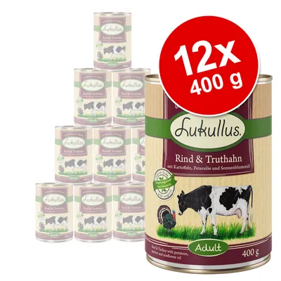 12x 400g Lukullus oksekød og kalkun med kartofler, persille og solsikkeolie. Uåbnet vådfoder til voksne hunde.