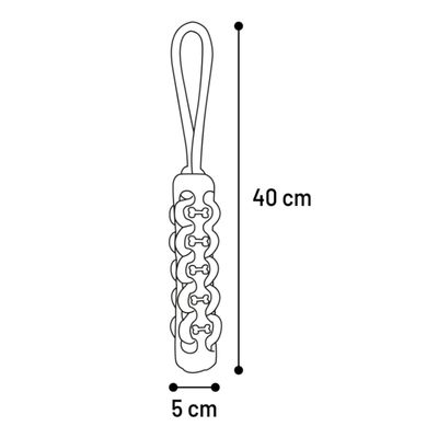 Diagram van een speelgoed met lussen, lengte 40 cm, breedte 5 cm.