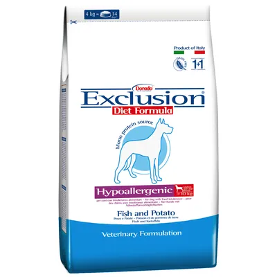 Корм для собак Dorado Exclusion Diet Formula Hypoallergenic Fish and Potato, 4 кг, гипоаллергенный, моноисточник белка, продукт Италии. На упаковке изображён силуэт собаки.