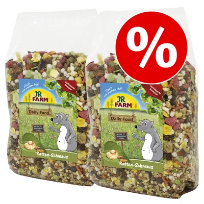 JR Farm Daily Food Ratten-Schmaus, zwei Beutel mit Rabatt-Symbol. Frisch vom eigenen Hof, verbesserte Rezeptur.