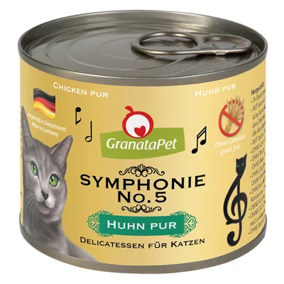 Lata de comida para gatos GranataPet Symphonie No.5 Huhn pur, texto em alemão e inglês: 'Chicken pur', 'Hergestellt in Deutschland', 'Ohne Getreide grain free', imagem de gato cinzento. Lata de comida para gatos GranataPet Symphonie No.5 Huhn pur, texto em alemão e inglês: 'Chicken pur', 'Hergestellt in Deutschland', 'Ohne Getreide grain free', imagem de gato cinzento.