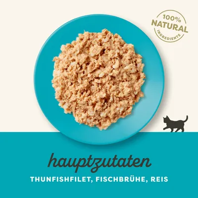 Hauptzutaten: Thunfischfilet, Fischbrühe, Reis. 100% natürliche Zutaten. Abbildung einer Portion auf einem blauen Teller mit Katzen-Symbol.