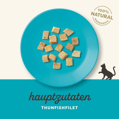 Hauptzutaten: Thunfischfilet. 100% natürliche Zutaten. Illustration einer Katze neben einem blauen Teller mit getrockneten Thunfischstücken.