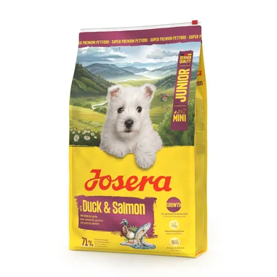 Josera Duck & Salmon Junior Mini, Super Premium Petfood mit Ente und Lachs, 71% tierische Proteine, German Quality, Zahnpflegeeffekt, für optimales Wachstum.