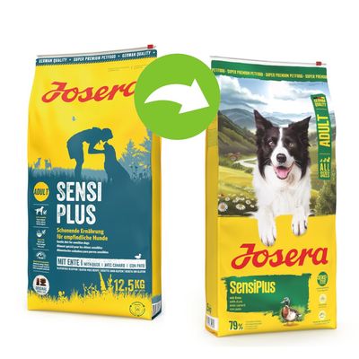 Josera Sensi Plus Adult met eend, glutenvrije receptuur. Afbeelding toont de overgang van de oude naar de nieuwe verpakking.