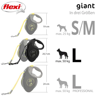 Flexi Giant pasje povodce v treh velikostih: S/M do 25 kg, L do 50 kg, L Professional do 50 kg. Dolžina: 8 m ali 10 m. Dimenzije: 19 cm, 20,7 cm, 24 cm.