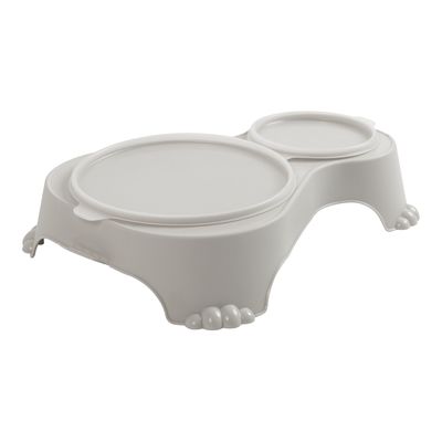 Doppelnapf aus weißem Kunststoff mit erhöhtem Stand und dekorativen Füßen, geeignet für Futter und Wasser.