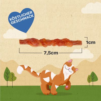 Imagine a unui snack cu dimensiunile 7,5 cm lungime și 1 cm lățime. Text: Gust delicios. Ilustrație cu o pisică pe fundal.