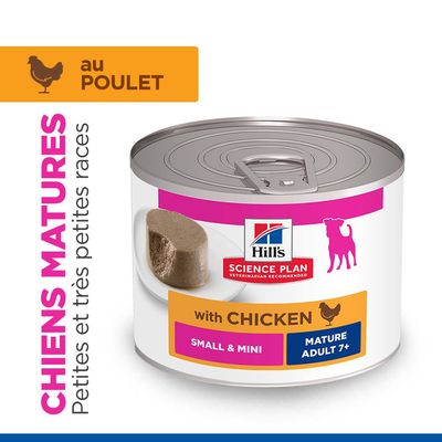Hill's Science Plan aliment humide au poulet pour petits et très petits chiens âgés de 7 ans et plus. SMALL & MINI, MATURE ADULTE 7+, au POULET.