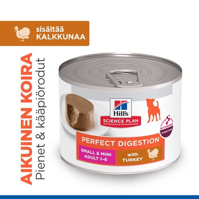 Hill's Science Plan Perfect Digestion Small & Mini Adult 1–6 kalkkunalla. Sisältää kalkkunaa. Pienille ja kääpiökoiraroduille. ActivBiome+ Digestion.
