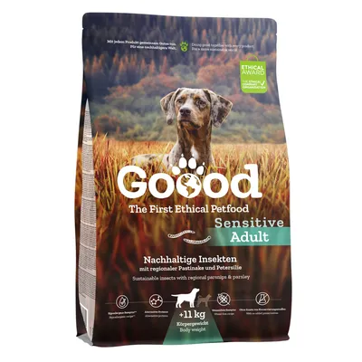Goood Sensitive Adult Hundefutter mit nachhaltigen Insekten, regionaler Pastinake und Petersilie. Für Hunde über 11 kg Körpergewicht. Ethical Award ausgezeichnet.