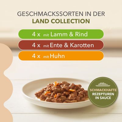 Geschmackssorten in der Land Collection: 4x mit Lamm & Rind, 4x mit Ente & Karotten, 4x mit Huhn. Schmackhafte Rezepturen in Sauce.