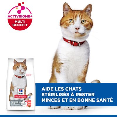 Hill's Science Plan Sterilised Cat Adulte avec ActivBiome+ Multi Benefit. Pendant la période de transition, vous pouvez recevoir l’un des deux emballages.