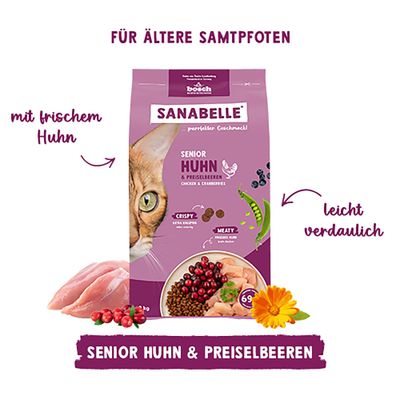 Sanabelle Senior Huhn & Preiselbeeren, mit frischem Huhn, leicht verdaulich, für ältere Samtpfoten. Crispy und meaty Kroketten abgebildet.