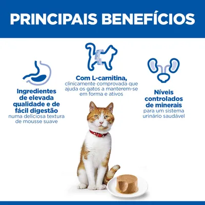 Principais vantagens: ingredientes de alta qualidade e de fácil digestão, com L-carnitina, níveis controlados de minerais. Imagem de um gato e mousse de comida húmida.