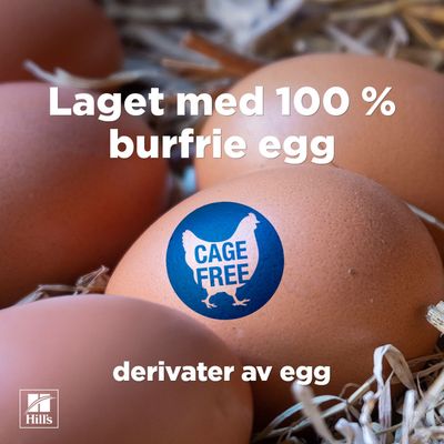 Tillverkad med 100 % ägg från frigående höns. Cage Free. Derivat av ägg.