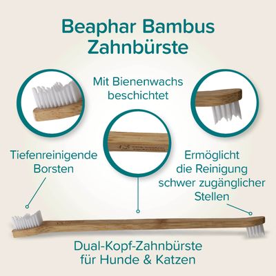 Beaphar Bambus Zahnbürste mit tiefenreinigenden Borsten, mit Bienenwachs beschichtet. Dual-Kopf-Zahnbürste für Hunde & Katzen, ermöglicht die Reinigung schwer zugänglicher Stellen.