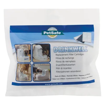 PetSafe DRINKWELL filtres de rechange, pack de 3. Texte multilingue et photos montrant chiens et chats buvant à une fontaine blanche. Image d’une cartouche filtrante en haut à droite.
