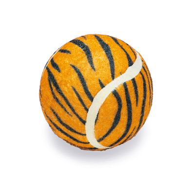 Orangefarbener Ball mit schwarzen Tigerstreifen und weißer Linie, geeignet als Spielzeug.