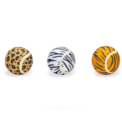 Drei Spielbälle mit Tiermuster: Leopard, Zebra und Tiger. Geeignet für interaktives Spielen.