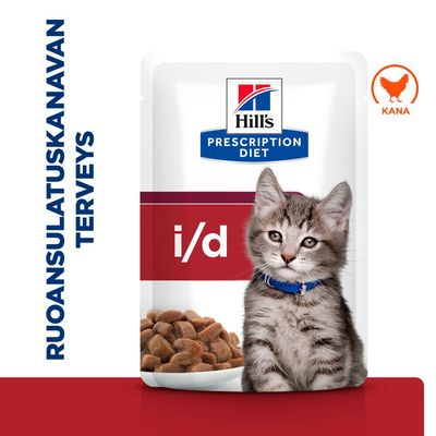 Hill's Prescription Diet i/d, kuva kissanruokapakkauksesta, jossa on kissanpentu ja kulho, teksti: RUOANSULATUSKANAVAN TERVEYS, symboli ja teksti: KANA.