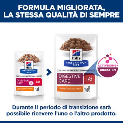 Hill's Prescription Diet Digestive Care i/d alimento per gatti, transizione alla nuova ricetta ActivBiome+ Digestion. Durante il periodo di transizione, potrebbe essere consegnato uno dei due prodotti.
