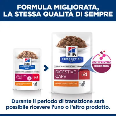Hill's Prescription Diet Digestive Care i/d alimento per gatti, transizione alla nuova ricetta ActivBiome+ Digestion. Durante il periodo di transizione, potrebbe essere consegnato uno dei due prodotti.