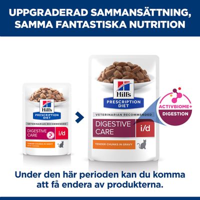Hill's Prescription Diet Digestive Care i/d med mjuka bitar i sås, ny sammansättning med ActivBiome+ Digestion. Förpackningsbyte möjligt.