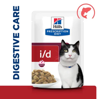 Hill's Prescription Diet i/d Digestive Care, packaging with cat and bowl of food, ActiveBiome+ Digestion symbol visible.