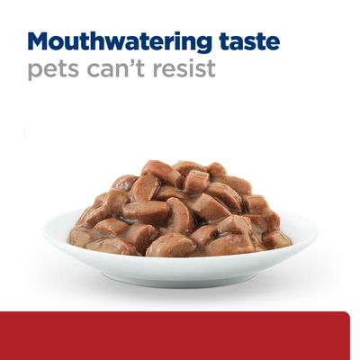 Tray with meat pieces in gravy. Text: Mouthwatering taste pets can't resist.