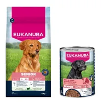 Croquettes Eukanuba Premium Nutrition 12 kg ou 15 kg pour chien + boîtes 3 x 400 g offertes ! -Senior Large et Giant Breed agneau et riz (12 kg) + Senior Riche en Bœuf et Citrouille