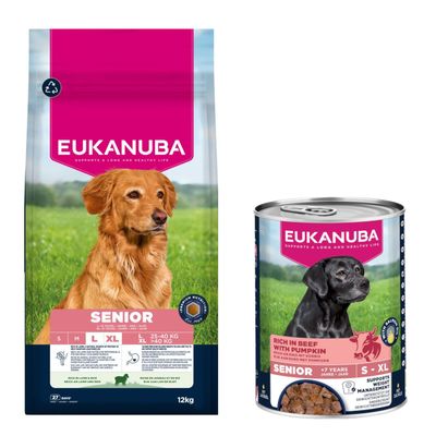 Eukanuba Premium Nutrition Dry Dog Food + Eukanuba Wet Dog Food Free! * Senior Large & Giant Breed Lamb & Rice (12kg) + Senior Rich in Beef with Pumpkin (3 x 400g)
