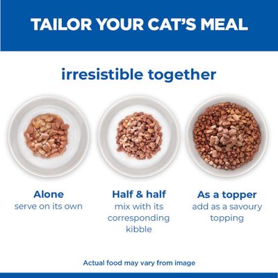 Three bowls with cat food: serve on its own, mix half and half with dry food, or use as a topping. Note: The actual food may differ.