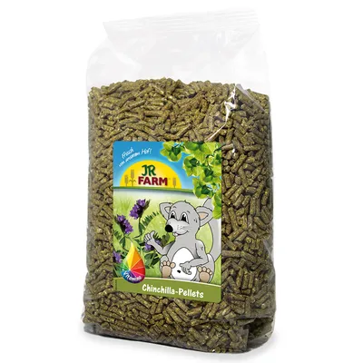 JR Farm pellet per cincillà, freschi dalla propria fattoria, con vitamine. La confezione mostra un'illustrazione di un cincillà e piante verdi.