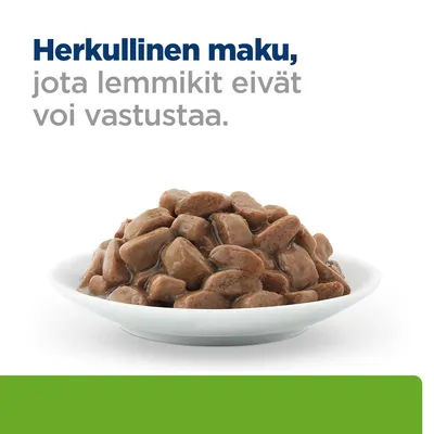 Kulhossa ruskeita lihapaloja kastikkeessa. Teksti: Herkullinen maku, jota lemmikit eivät voi vastustaa.
