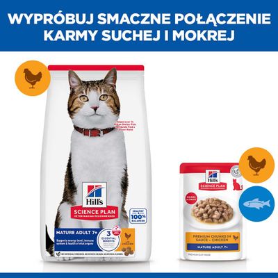 Hill's Science Plan Mature Adult 7+ karma sucha i mokra dla kotów, o smaku kurczaka, z informacją o możliwości łączenia karmy suchej i mokrej.