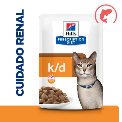 Hill's Prescription Diet k/d, ActivBiome+ Kidney Defense, Cuidado Renal, imagem de pedaços de comida para gatos e de um gato na embalagem.