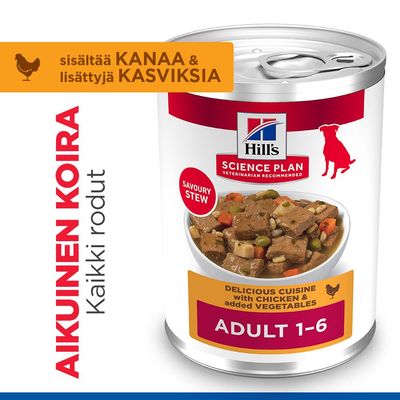 Hill's Science Plan Savoury Stew Adult 1-6, sisältää kanaa ja vihanneksia, kaikille aikuisille koirille kaikista roduista. Herkullinen ateria kanalla ja lisätyillä vihanneksilla.
