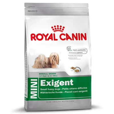 Royal Canin MINI Exigent hrana za pse, pakiranje s natpisima: Small dogs (do 10 kg), Highly palatable, optimal coat condition, dental health. Slika malog psa na prednjoj strani.