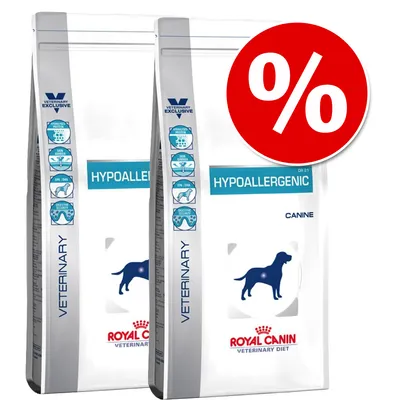 Royal Canin Veterinary Diet Hypoallergenic Canine Trockenfutter, zwei Packungen mit Rabatt-Symbol.