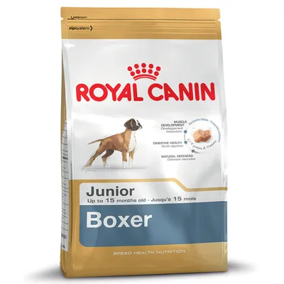 Bag showing Royal Canin Junior Boxer food for up to 15 months old, with features: muscle development, digestive health, natural defences, exclusive kibble, and L.I.P. protein and prebiotics.